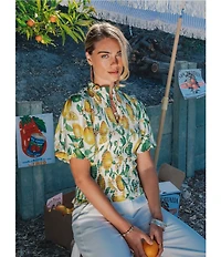 Current Air Coordinating Lemon Print Ruffle Neck Elbow Sleeve Smocked Top