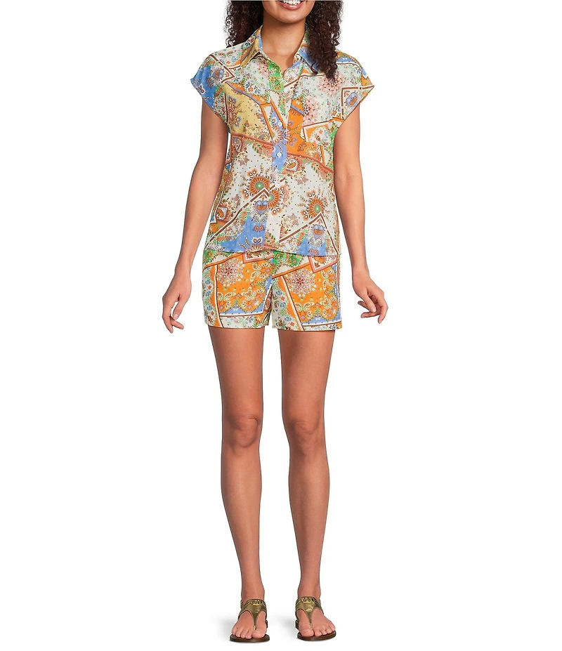 Current Air Coordinating Patchwork High Waisted Linen Blend Pull-On Shorts