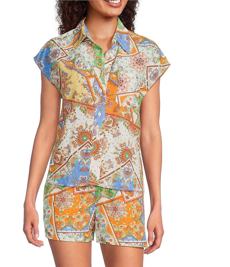 Current Air Coordinating Patchwork Point Collar Cap Sleeve Button Front Shirt