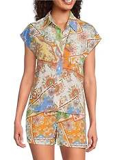 Current Air Coordinating Patchwork Point Collar Cap Sleeve Button Front Shirt
