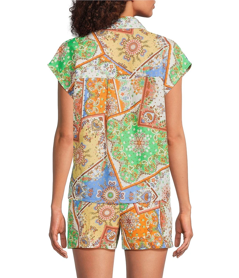 Current Air Coordinating Patchwork Point Collar Cap Sleeve Button Front Shirt