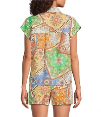 Current Air Coordinating Patchwork Point Collar Cap Sleeve Button Front Shirt