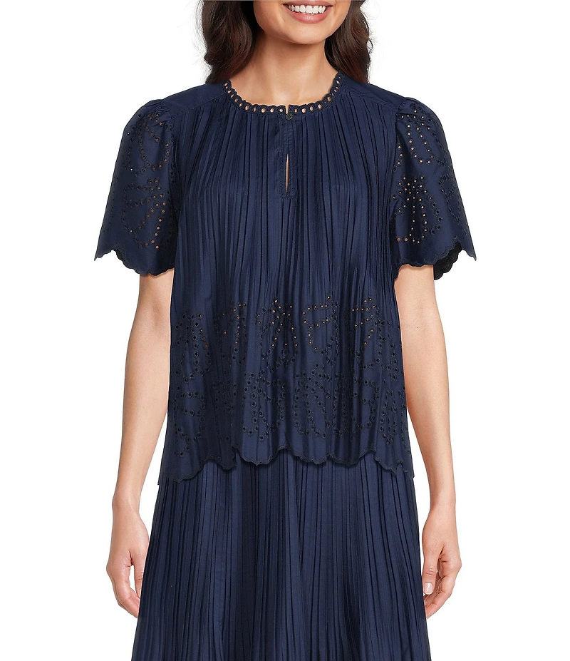 Current Air Coordinating Pleated Eyelet Round Keyhole Neck Short Sleeve Top