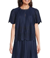 Current Air Coordinating Pleated Eyelet Round Keyhole Neck Short Sleeve Top