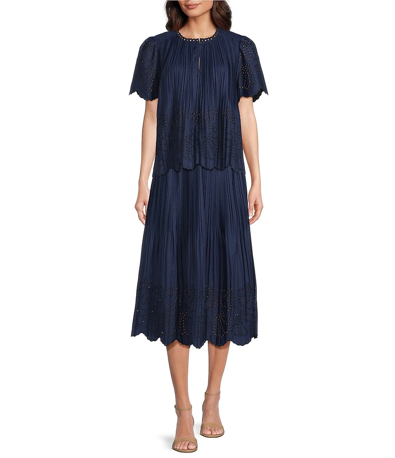 Current Air Coordinating Pleated Eyelet Round Keyhole Neck Short Sleeve Top