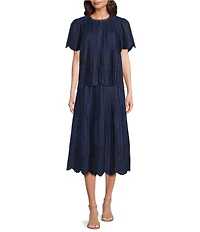 Current Air Coordinating Pleated Eyelet Round Keyhole Neck Short Sleeve Top