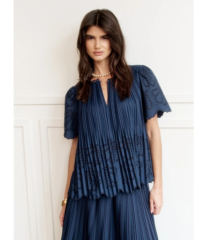 Current Air Coordinating Pleated Eyelet Round Keyhole Neck Short Sleeve Top