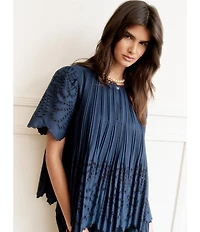 Current Air Coordinating Pleated Eyelet Round Keyhole Neck Short Sleeve Top