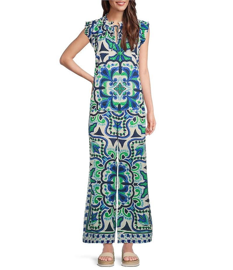 Current Air Coordinating Printed Flat Front Smocked Waist Wide Leg Pull-On Pants