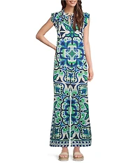 Current Air Coordinating Printed Flat Front Smocked Waist Wide Leg Pull-On Pants