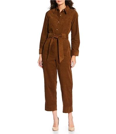 Current Air Corduroy Point Collar Long Sleeve Tie Waist Button Front Jumpsuit