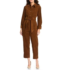 Current Air Corduroy Point Collar Long Sleeve Tie Waist Button Front Jumpsuit