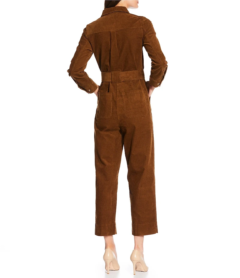 Current Air Corduroy Point Collar Long Sleeve Tie Waist Button Front Jumpsuit