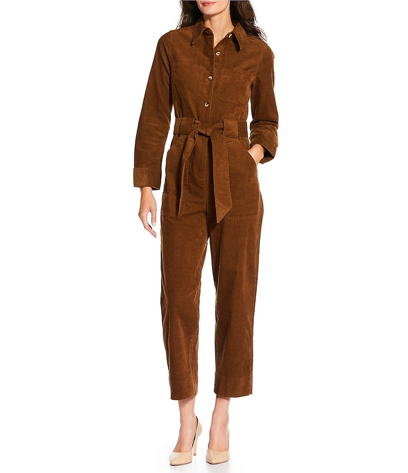Current Air Corduroy Point Collar Long Sleeve Tie Waist Button Front Jumpsuit
