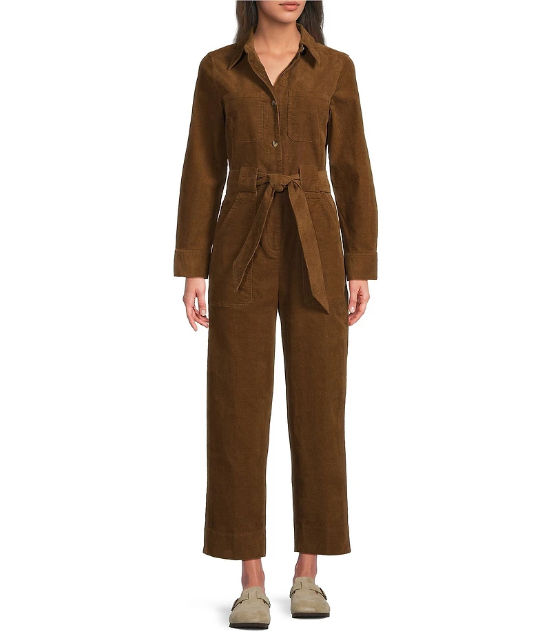 Current Air Corduroy Point Collar Long Sleeve Tie Waist Button Front Jumpsuit