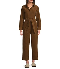 Current Air Corduroy Point Collar Long Sleeve Tie Waist Button Front Jumpsuit