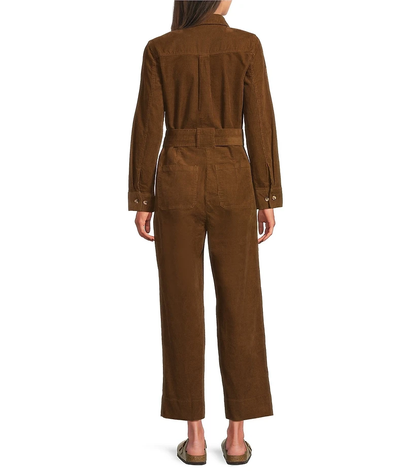 Current Air Corduroy Point Collar Long Sleeve Tie Waist Button Front Jumpsuit