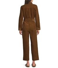 Current Air Corduroy Point Collar Long Sleeve Tie Waist Button Front Jumpsuit