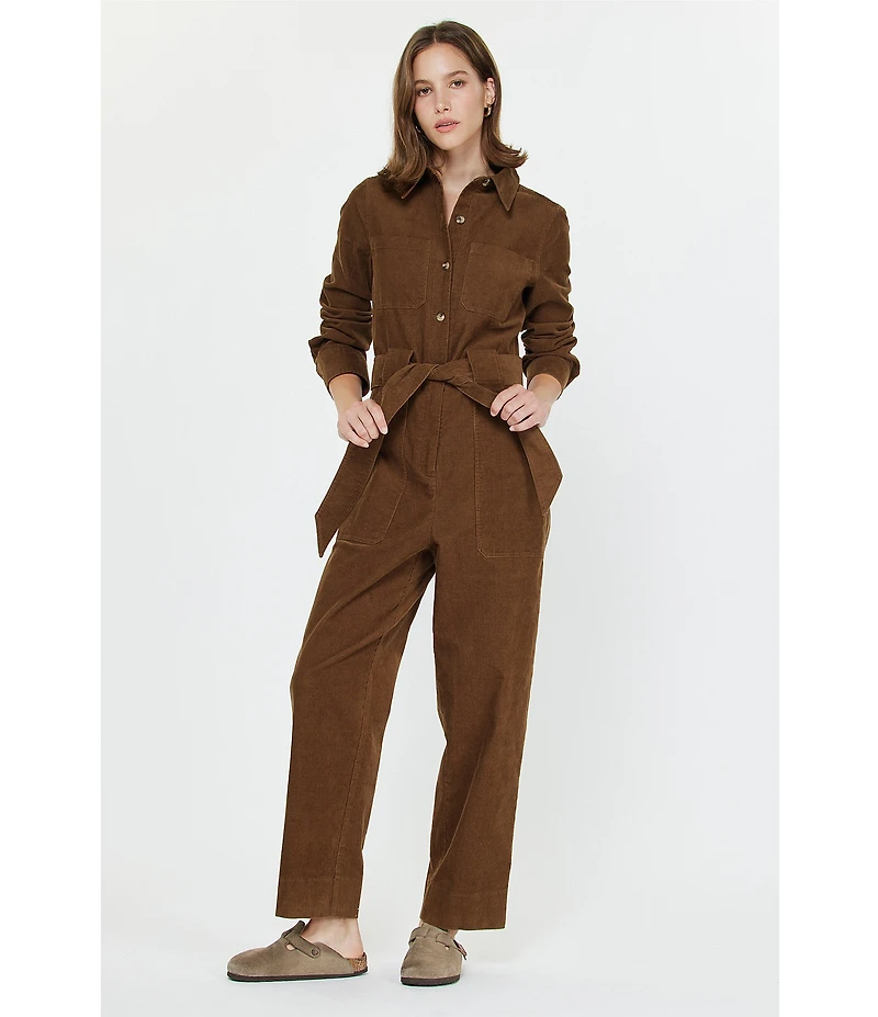 Current Air Corduroy Point Collar Long Sleeve Tie Waist Button Front Jumpsuit