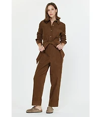Current Air Corduroy Point Collar Long Sleeve Tie Waist Button Front Jumpsuit