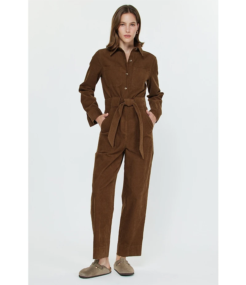 Current Air Corduroy Point Collar Long Sleeve Tie Waist Button Front Jumpsuit