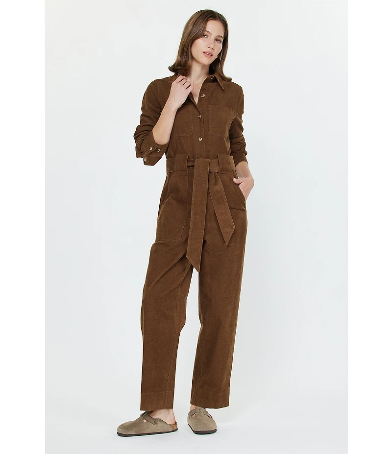 Current Air Corduroy Point Collar Long Sleeve Tie Waist Button Front Jumpsuit