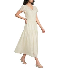 Current Air Cotton Eyelet Scalloped V-Neck Short Sleeve Tiered Fit & Flare Midi Dress