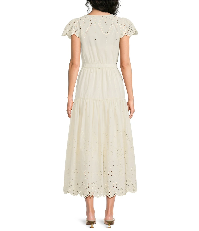 Current Air Cotton Eyelet Scalloped V-Neck Short Sleeve Tiered Fit & Flare Midi Dress