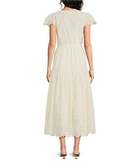 Current Air Cotton Eyelet Scalloped V-Neck Short Sleeve Tiered Fit & Flare Midi Dress