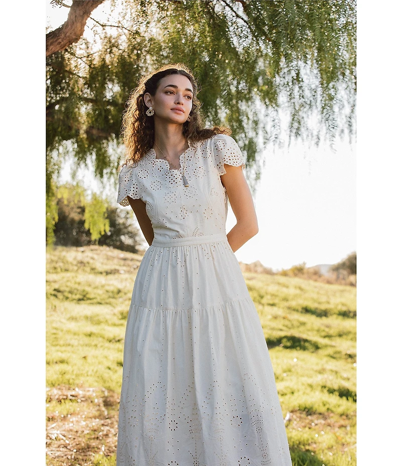 Current Air Cotton Eyelet Scalloped V-Neck Short Sleeve Tiered Fit & Flare Midi Dress