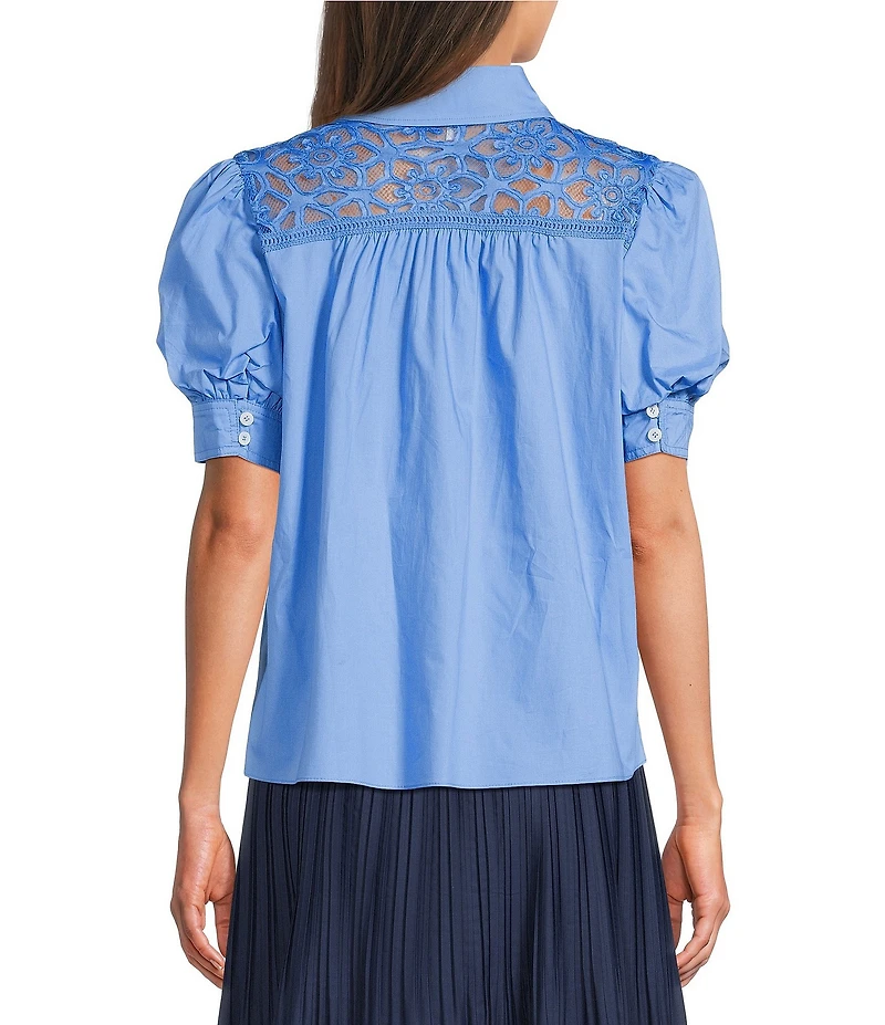 Current Air Cotton Poplin Lace Yoke Point Collar Puff Sleeve Button Front Shirt
