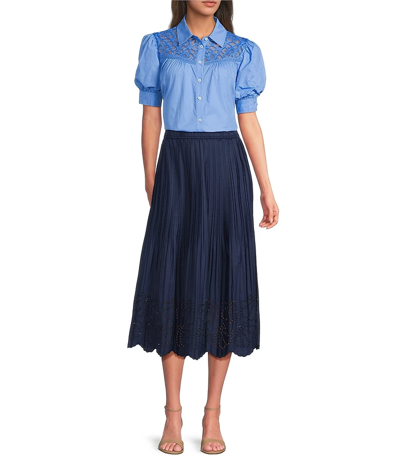 Current Air Cotton Poplin Lace Yoke Point Collar Puff Sleeve Button Front Shirt