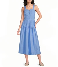 Current Air Cotton Poplin Sweetheart Neck Sleeveless Pintuck Drop Waist Midi Dress