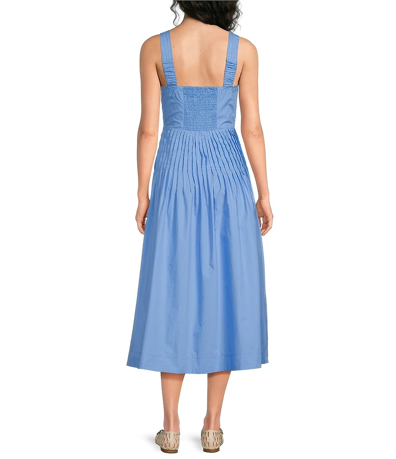 Current Air Cotton Poplin Sweetheart Neck Sleeveless Pintuck Drop Waist Midi Dress