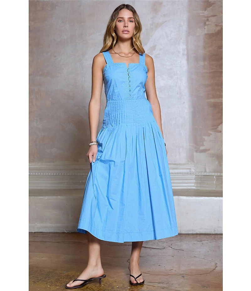 Current Air Cotton Poplin Sweetheart Neck Sleeveless Pintuck Drop Waist Midi Dress