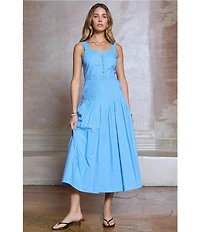 Current Air Cotton Poplin Sweetheart Neck Sleeveless Pintuck Drop Waist Midi Dress