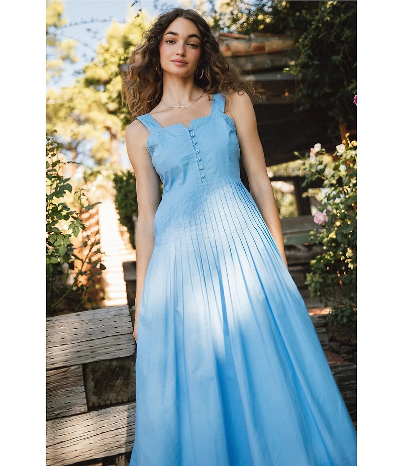 Current Air Cotton Poplin Sweetheart Neck Sleeveless Pintuck Drop Waist Midi Dress
