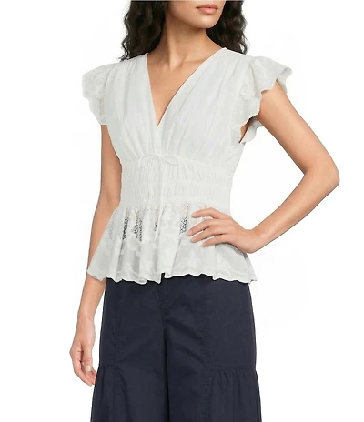Current Air Cotton V-Neck Flutter Sleeve Elastic Waist Scalloped Peplum Top