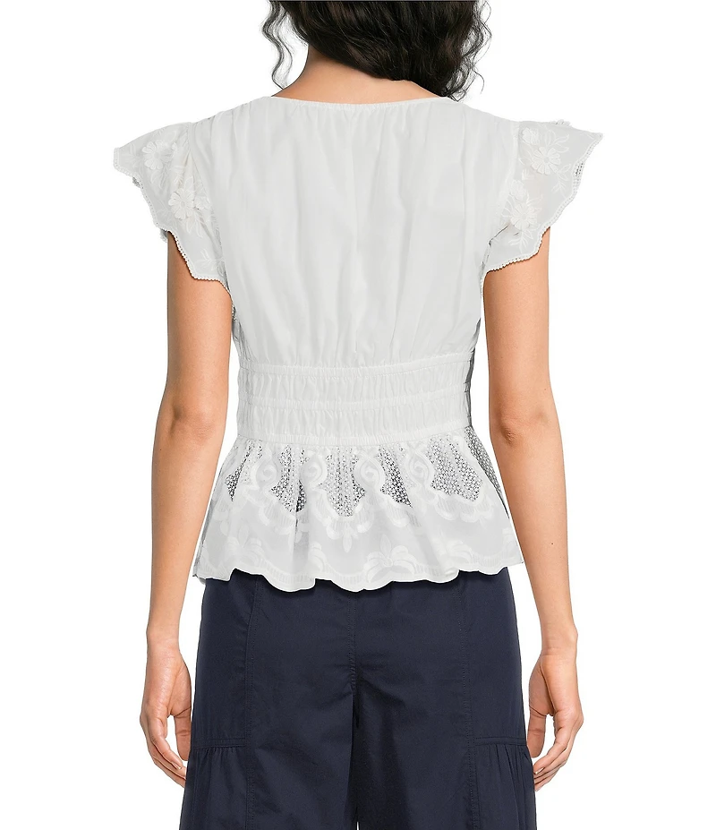 Current Air Cotton V-Neck Flutter Sleeve Elastic Waist Scalloped Peplum Top
