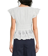 Current Air Cotton V-Neck Flutter Sleeve Elastic Waist Scalloped Peplum Top