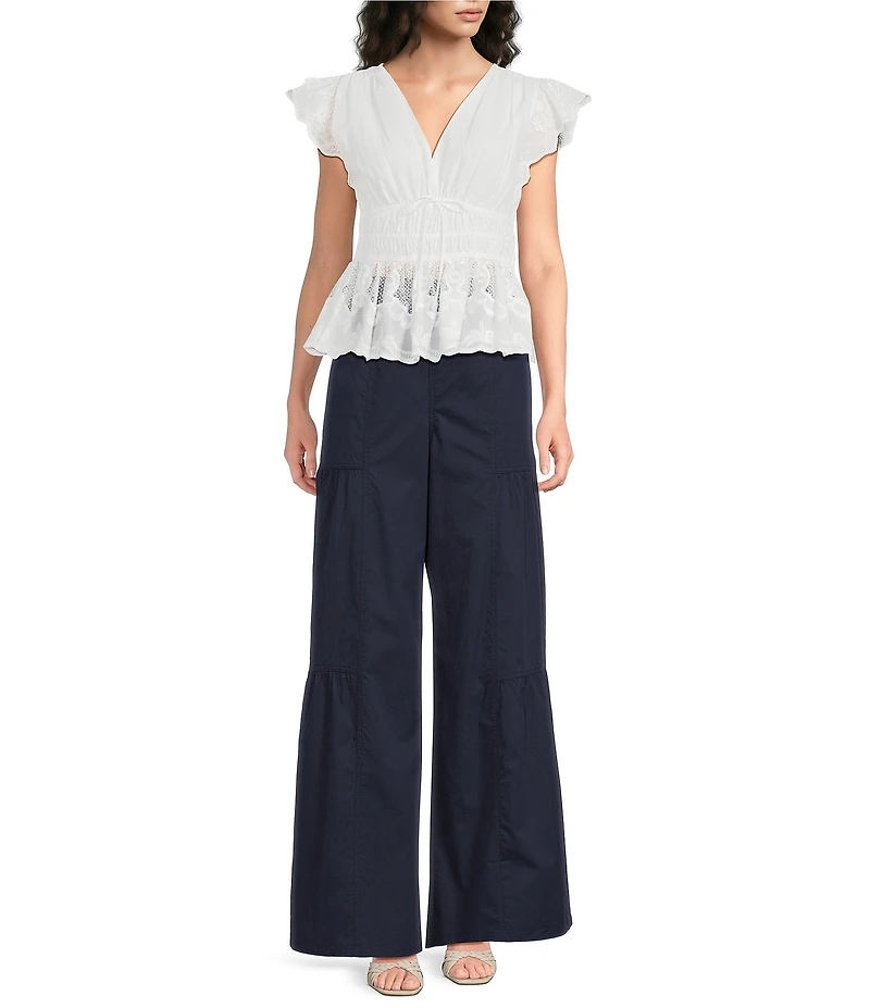 Current Air Cotton V-Neck Flutter Sleeve Elastic Waist Scalloped Peplum Top