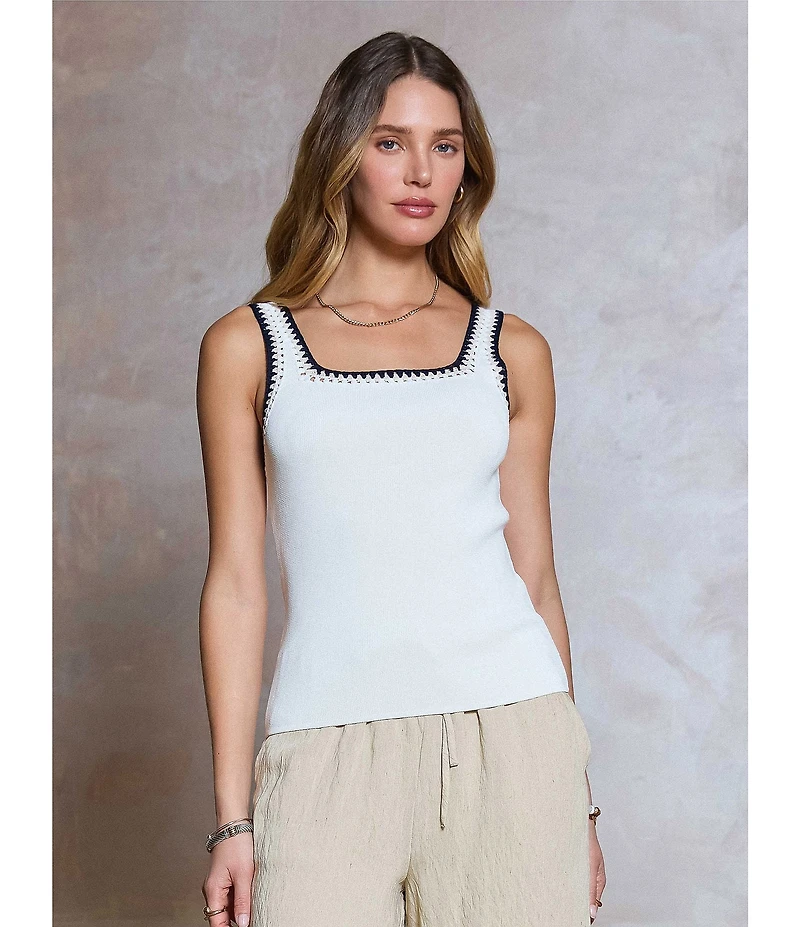 Current Air Crochet Trim Square Neck Sleeveless Tank Top