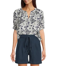 Current Air Daisy Floral Split Neck Elbow Sleeve Blouse