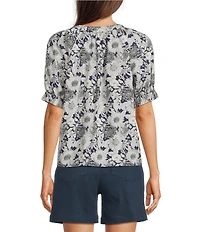 Current Air Daisy Floral Split Neck Elbow Sleeve Blouse