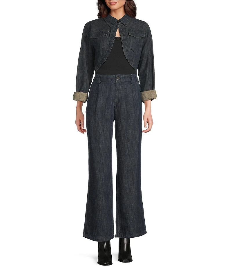 Current Air Denim Point Collar Curved Hem Cropped Jacket