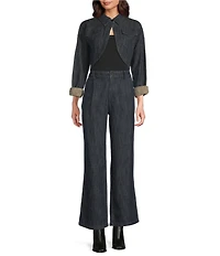 Current Air Denim Point Collar Curved Hem Cropped Jacket
