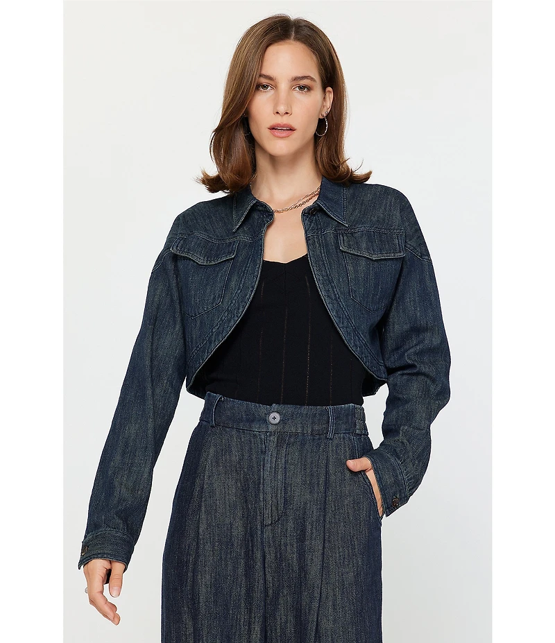 Current Air Denim Point Collar Curved Hem Cropped Jacket