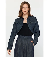 Current Air Denim Point Collar Curved Hem Cropped Jacket
