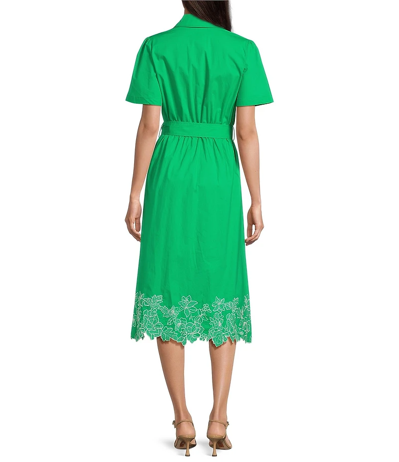 Current Air Embroidered Cotton Poplin Point Collar Short Sleeve Belted Scalloped Hem Midi Shirt Dress