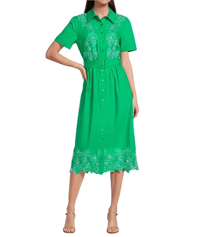 Current Air Embroidered Cotton Poplin Point Collar Short Sleeve Belted Scalloped Hem Midi Shirt Dress